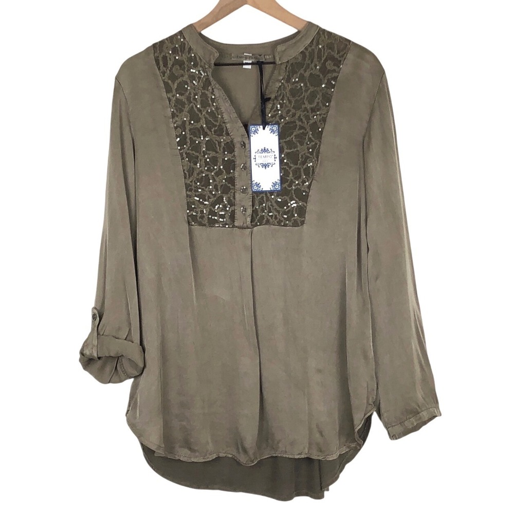 NWT TEMPO PARIS‎ Silk Blend Lace Sequin Tunic Top XL Olive Taupe Made in Italy